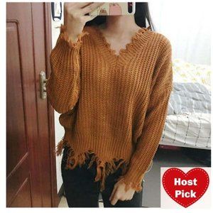 Shredded Sweater - Long Sleeve - V-Neck Lantern Sleeves - Distressed Look